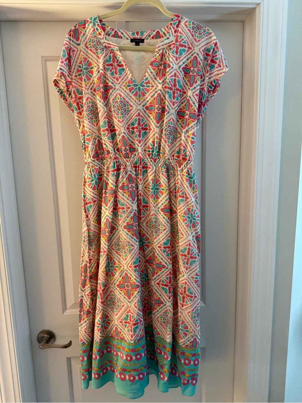 Talbots Pink & Teal Patterned Short Sleeve Midi Dress Size Medium